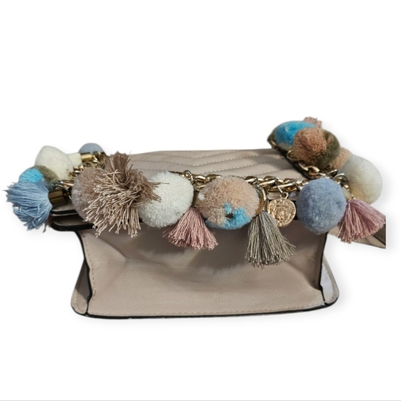 Aldo Cream Chevron Crossbody Bag with Multicolor Pom Poms - Picture 3 of 11